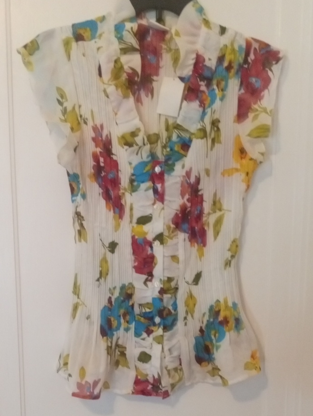 NWT women short sleeve white sheer top bright flower print, large